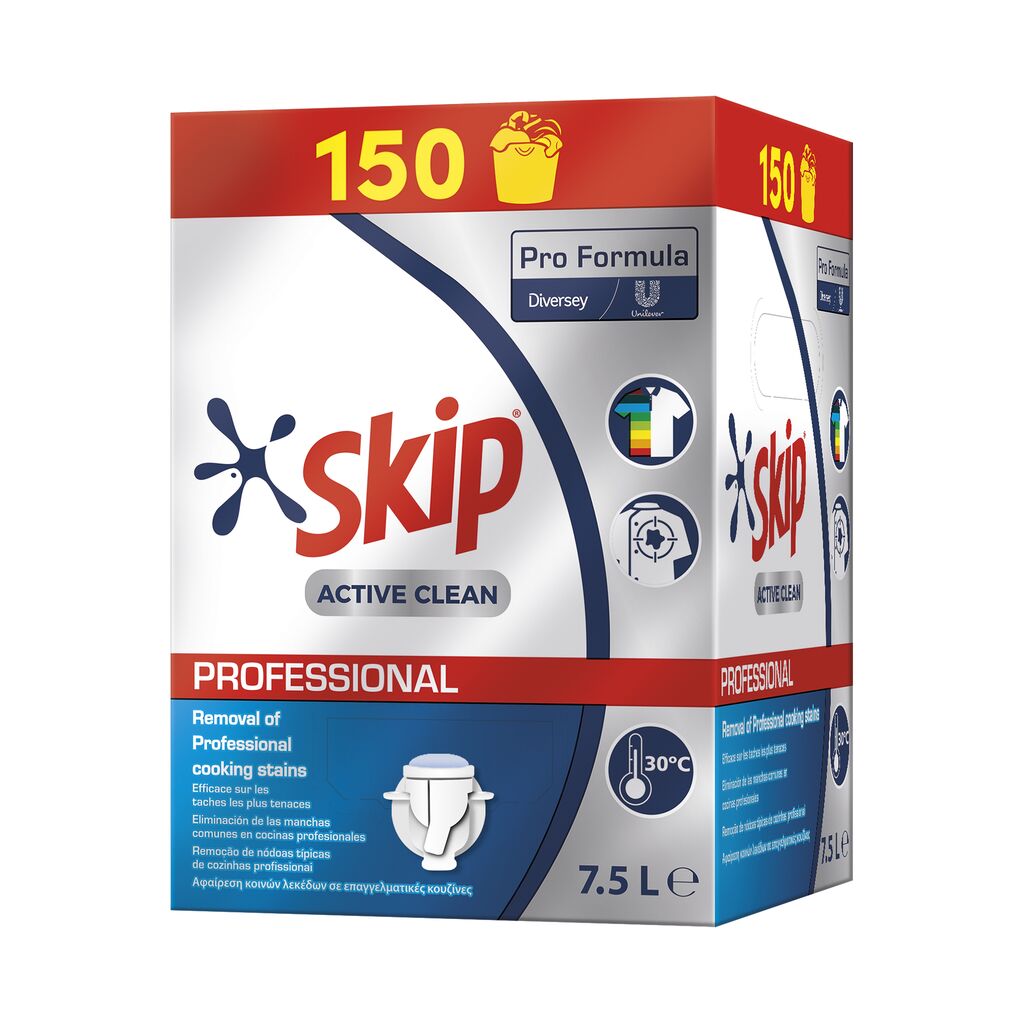 Skip Pro Formula Active Clean 7.5L - Detergente líquido de alto desempenho para lavar todos os tipos de roupa.