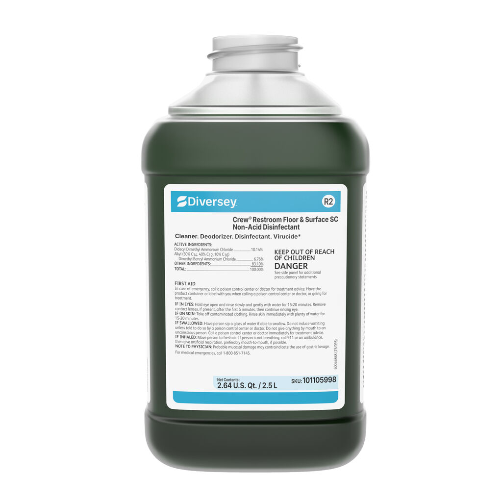 Crew® Restroom Floor & Surface SC Non-Acid Disinfectant Cleaner, 2.5L, J-Fill® / QuattroSelect®, 2/CT - Cleaner. Deodorizer. Disinfectant. *Virucide.