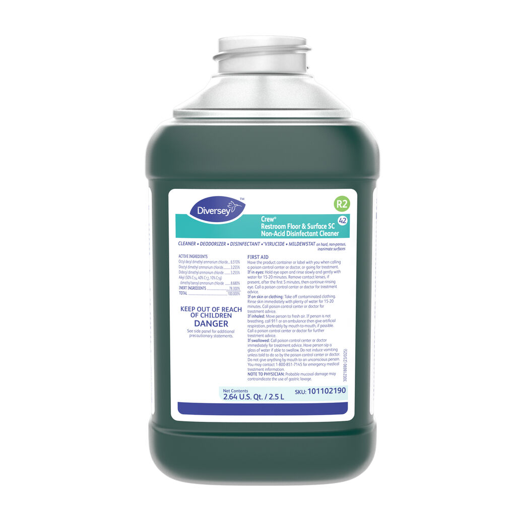 Crew® Restroom Floor & Surface SC Non-Acid Disinfectant Cleaner, 2.5L, J-Fill® / QuattroSelect®, 2/CT - CLEANER • DEODORIZER • DISINFECTANT •*VIRUCIDE • MILDEWSTAT on hard, non-porous, inanimate surfaces
