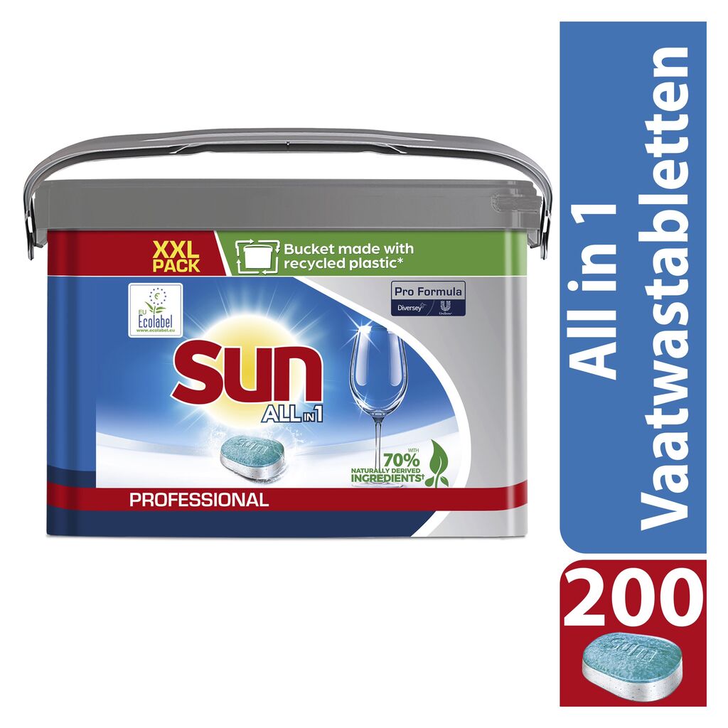 Sun Pro Formula All-in-1 Vaatwastabletten 1st - All in1 vaatwastabletten, met ingebouwd glansspoelmiddel en zoutfunctie, geschikt voor huishoudelijke vaatwassers. EU-milieukeurmerk.