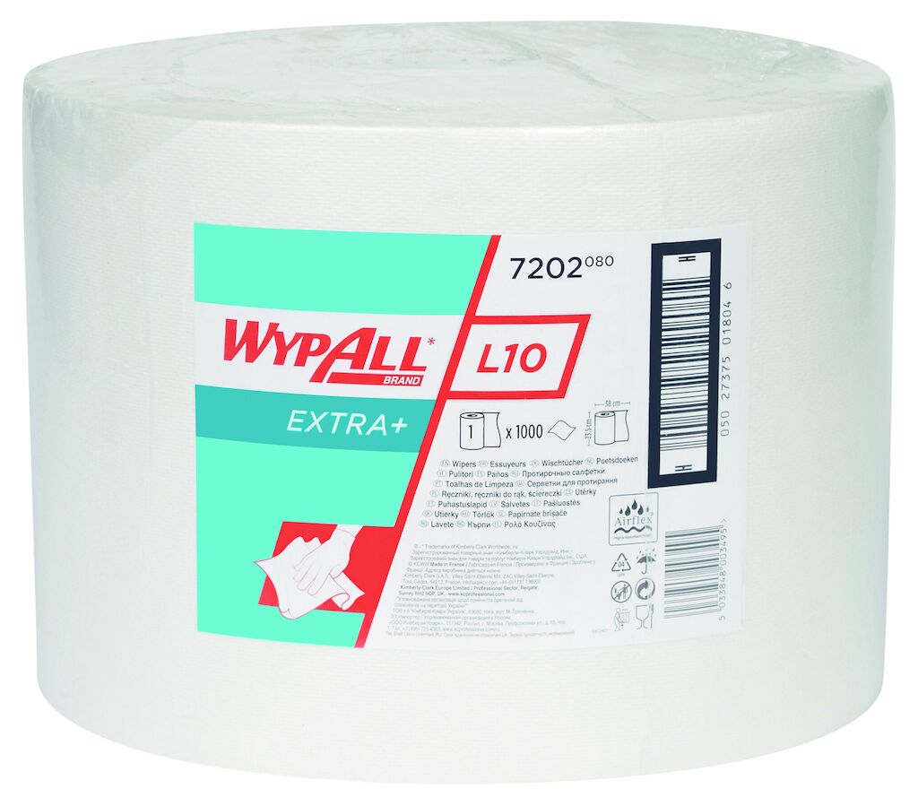 KC Wypall L10 1000Stk. - Weiß - Wischtuchrolle - groß, AIRFLEX - Material, 1-lagig, 32 g/m², perforiert, weiß, hochwertig, Tuchgröße: 38 x 23,5 cm, 1.000 Abrisse/Rolle