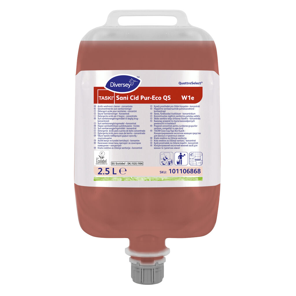 TASKI Sani Cid Pur-Eco QS 2x2.5L - Detergente acido per il bagno in QuattroSelect. Conforme ai requisiti CAM 2021 in ambito civile e sanitario.