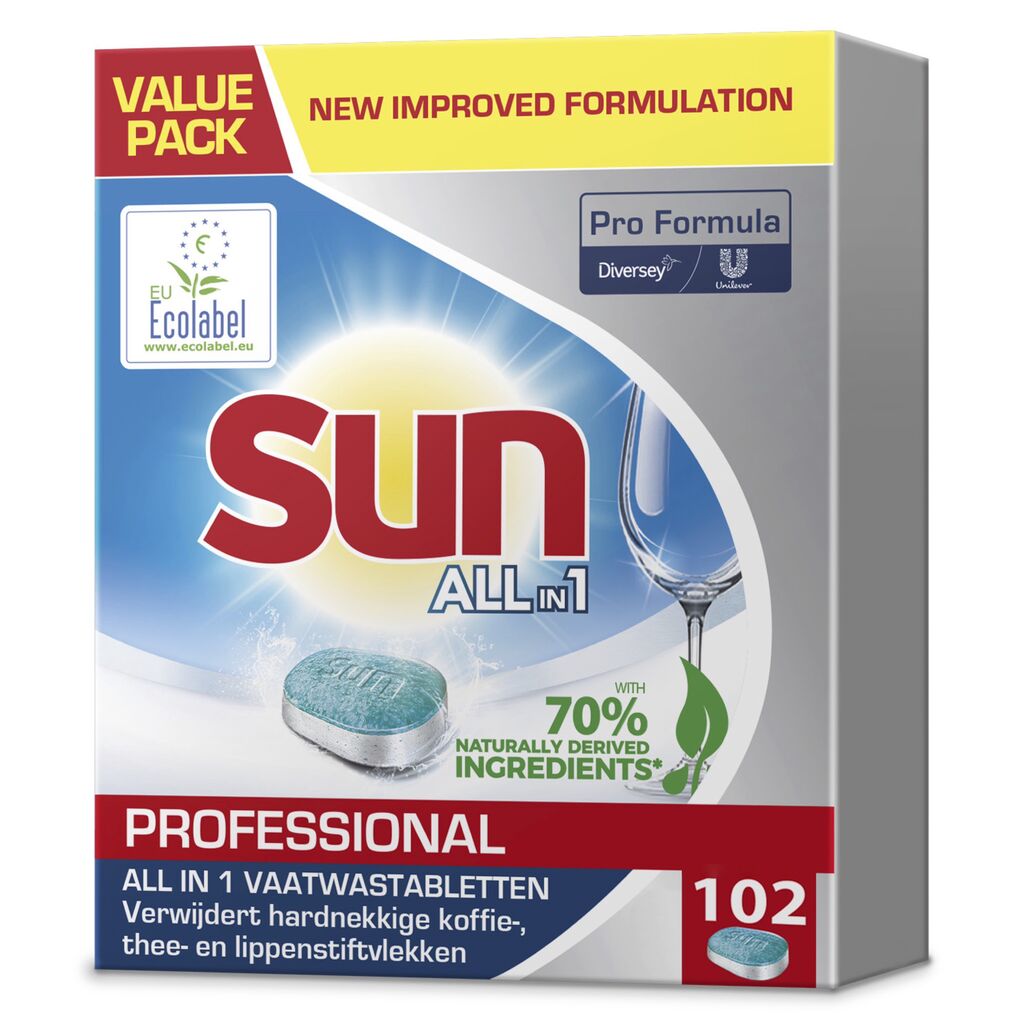 Sun Pro Formula All in 1 Professionele Vaatwastabletten XXL 4x102st - All in1 vaatwastabletten, met ingebouwd glansspoelmiddel en zoutfunctie, geschikt voor huishoudelijke vaatwassers. EU-milieukeurmerk.