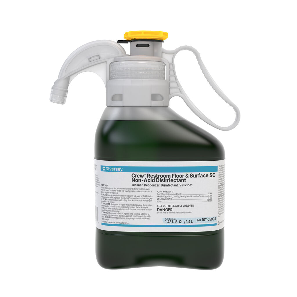 Crew® Restroom Floor & Surface SC Non-Acid Disinfectant, 1.4L, 2/CT - Cleaner. Deodorizer. Disinfectant. *Virucide.