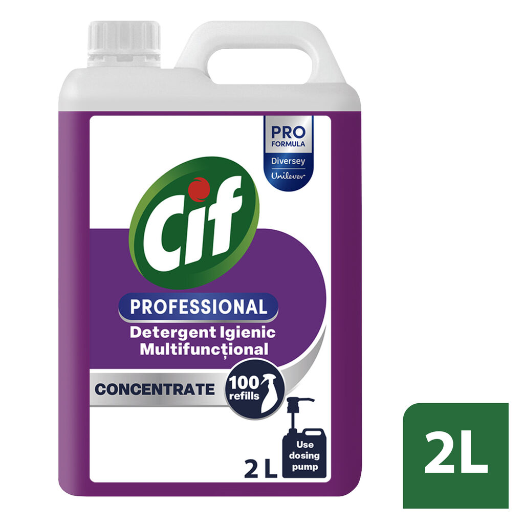 Cif Professional Detergent Igienic Multifuncțional Concentrat 2x2L - Îndepărtare excelentă a grăsimii, lăsând suprafețele igienic curate.