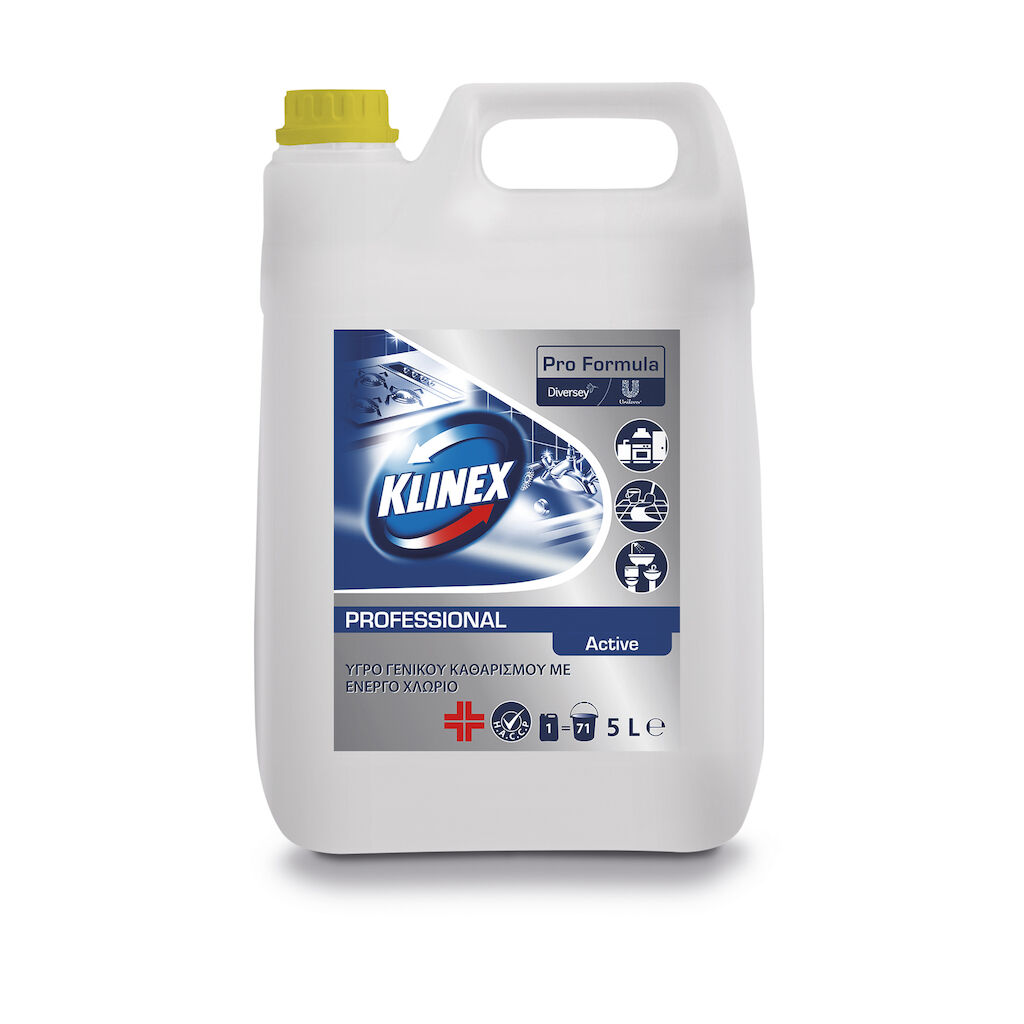 Klinex Professional Active 2x5L - Συμπυκνωμένο καθαριστικό με ενεργό χλώριο, ιδανικό για όλες τις επιφάνειες σε κουζίνες και μπάνια.