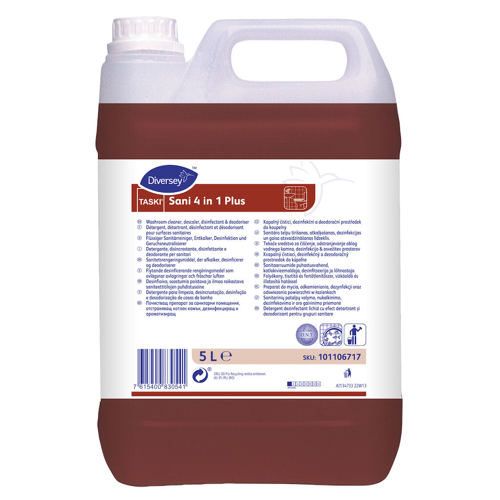 TASKI Sani 4 in 1 Plus 2x5L - Detergent dezinfectant lichid cu efect detartrant și dezodorizant pentru grupuri sanitare