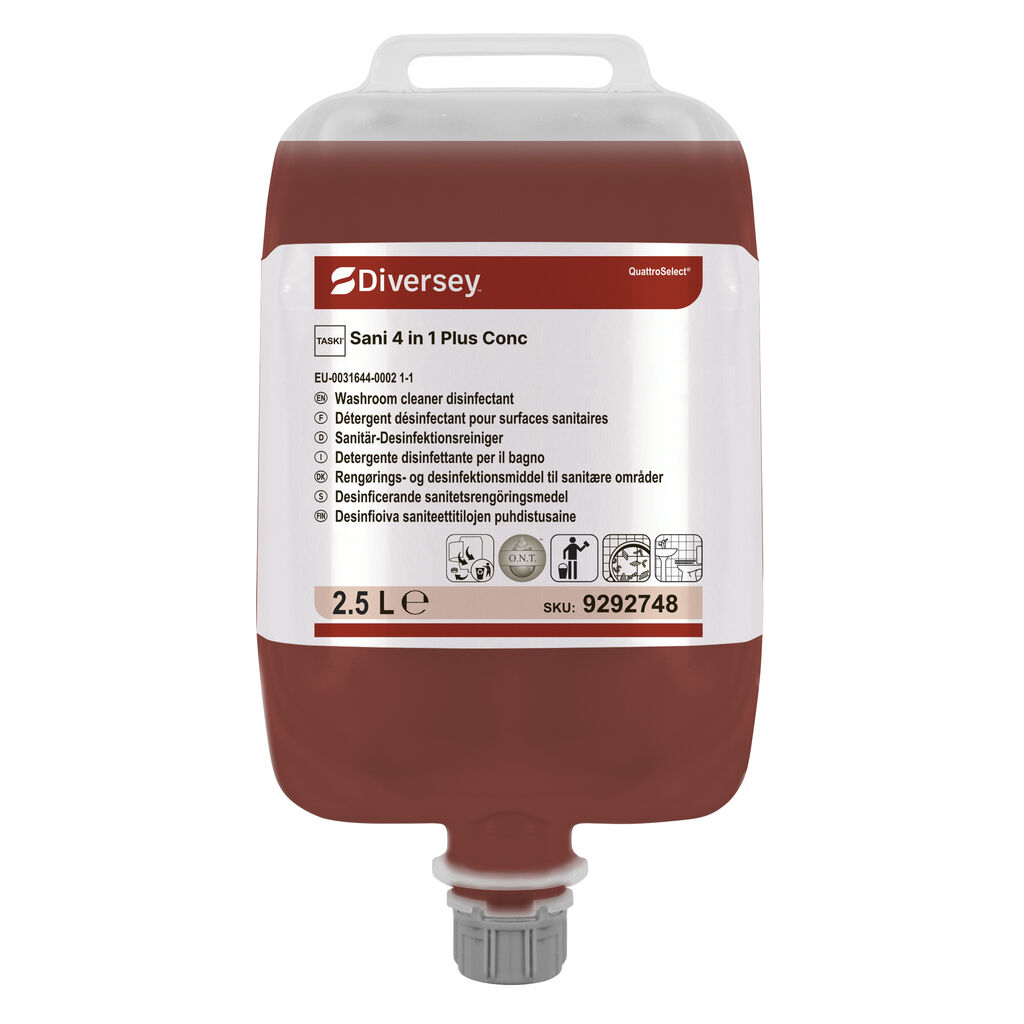 TASKI Sani 4 in 1 Plus Conc 2x2.5L - Détergent, détartrant, désinfectant et désodorisant pour sanitaires en poche QuattroSelect®.