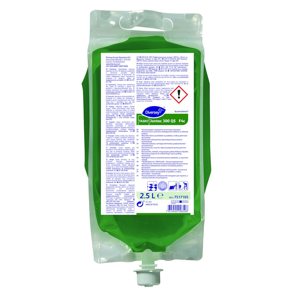 TASKI Jontec 300 QS F4c 2x2.5L - Detergente neutro para suelos, de baja espuma concentrado en QuattroSelect®