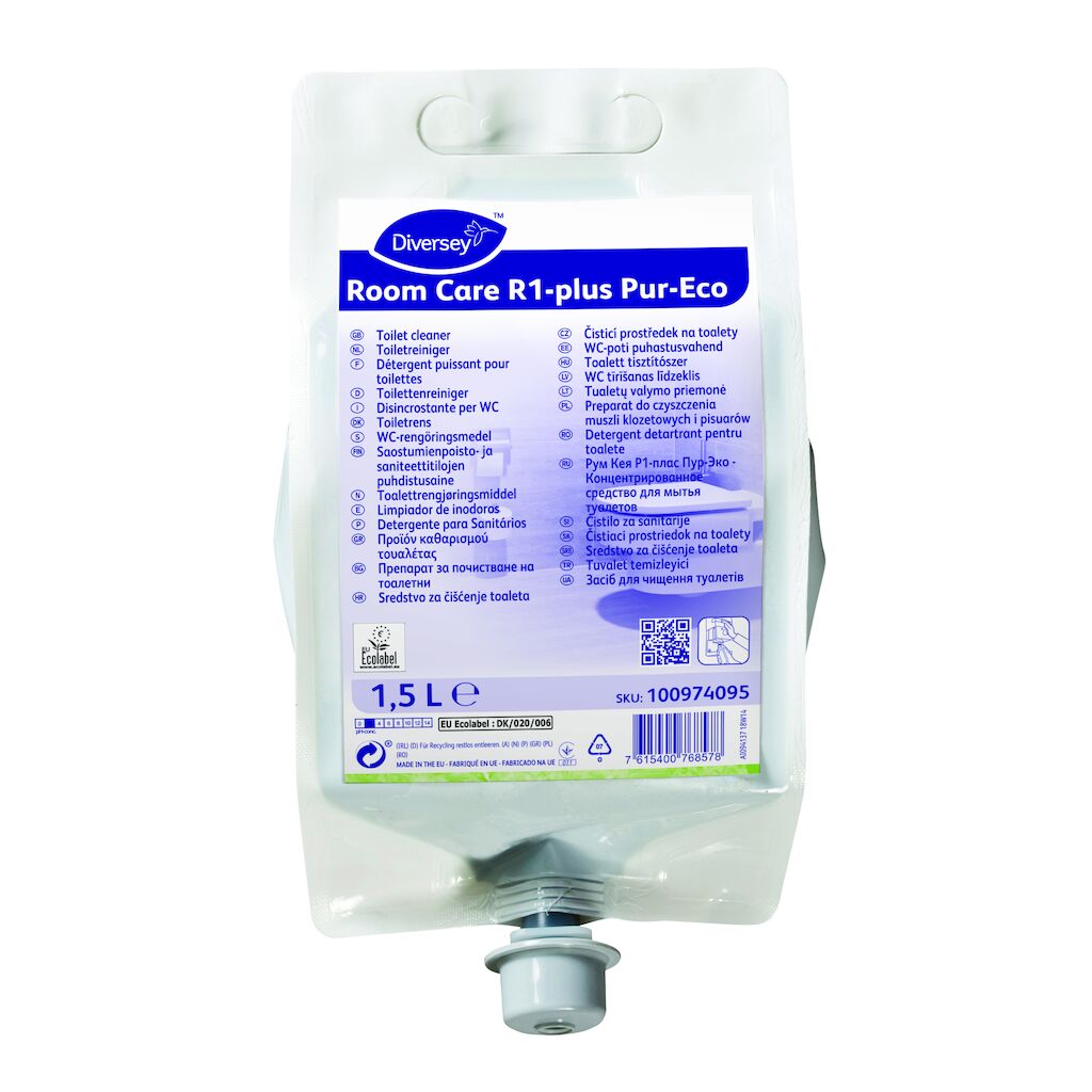 Room Care R1-plus Pur-Eco 2x1.5L - Detergente per WC - concentrato. Conforme ai requisiti CAM 2021 in ambito civile e sanitario.