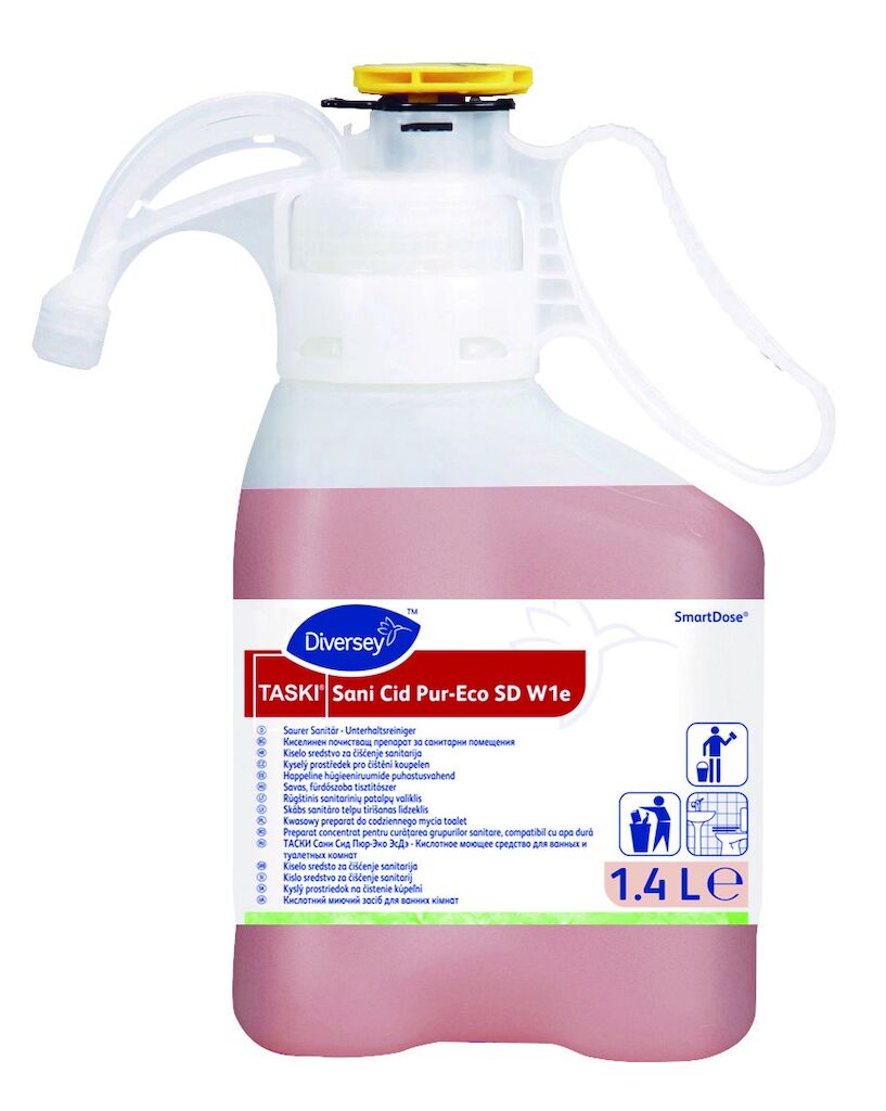 TASKI Sani Cid Pur-Eco SD W1e 1.4L - Preparat concentrat pentru curăţarea grupurilor sanitare, compatibil cu apa dură