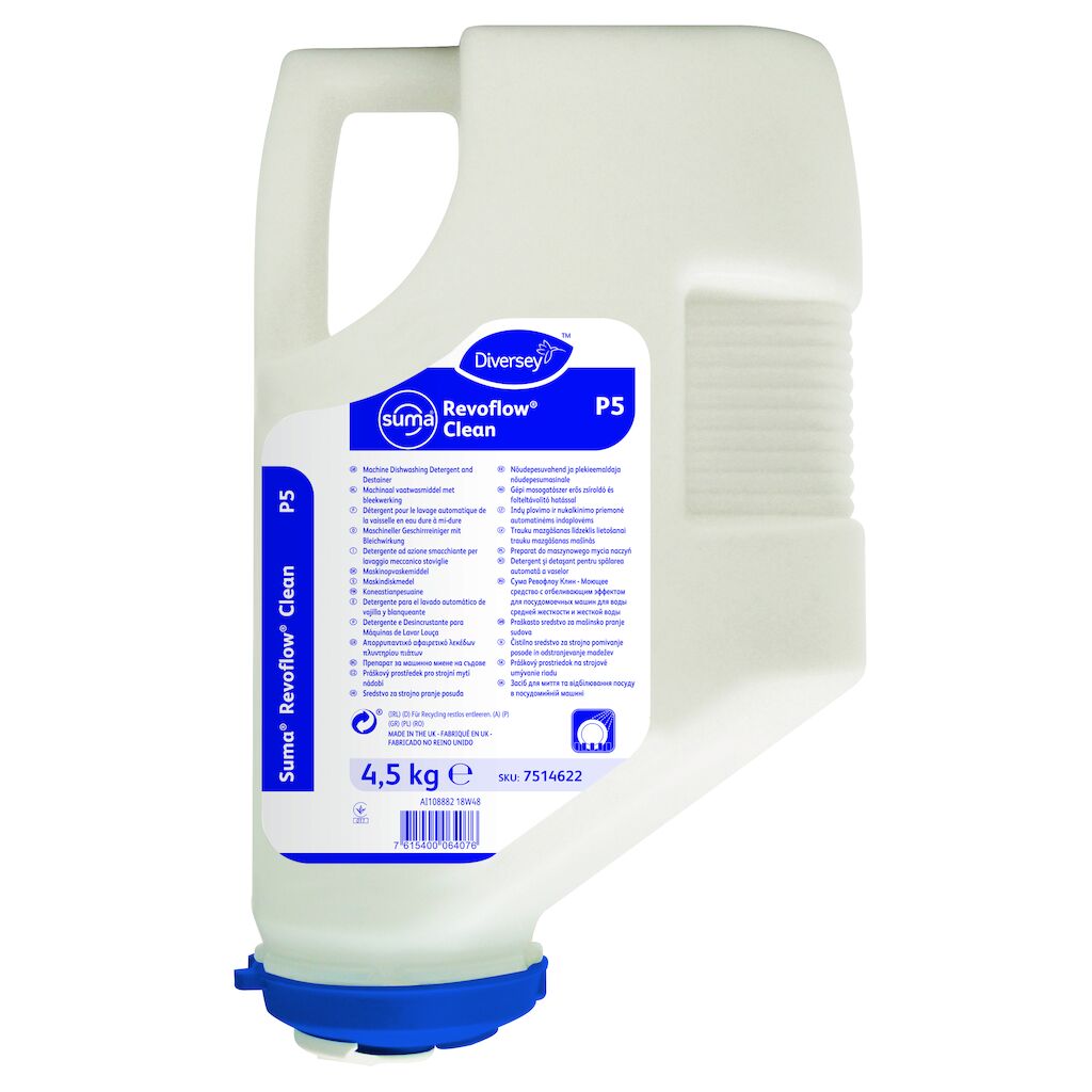 Suma Revoflow Clean P5 3x4.5kg - Pulverförmiger, maschineller chlorhaltiger Geschirrreiniger für mittelhartes und hartes Wasser