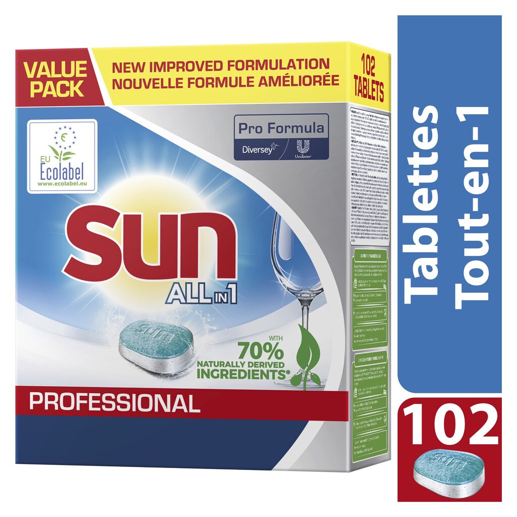 Sun Pro Formula tablettes all in 1 4x102pc - Pastilles pour lave-vaisselle tout-en-un, avec aide au rinçage et fonction saline intégrées, convenant aux lave-vaisselle domestiques. Label écologique de l'UE.