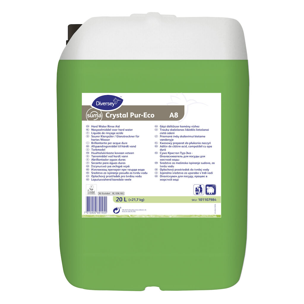 Suma Crystal Pur-Eco A8 20L - Liquide de rinçage écologique, acide, pour eaux dures