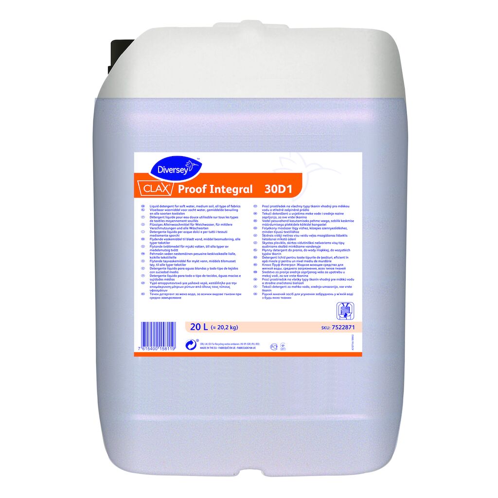 Clax Proof Integral 30D1 20L - Detergente líquido para aguas blandas, suciedad media y todo tipo de tejidos; totalmente compatible con el revestimiento hidrófugo