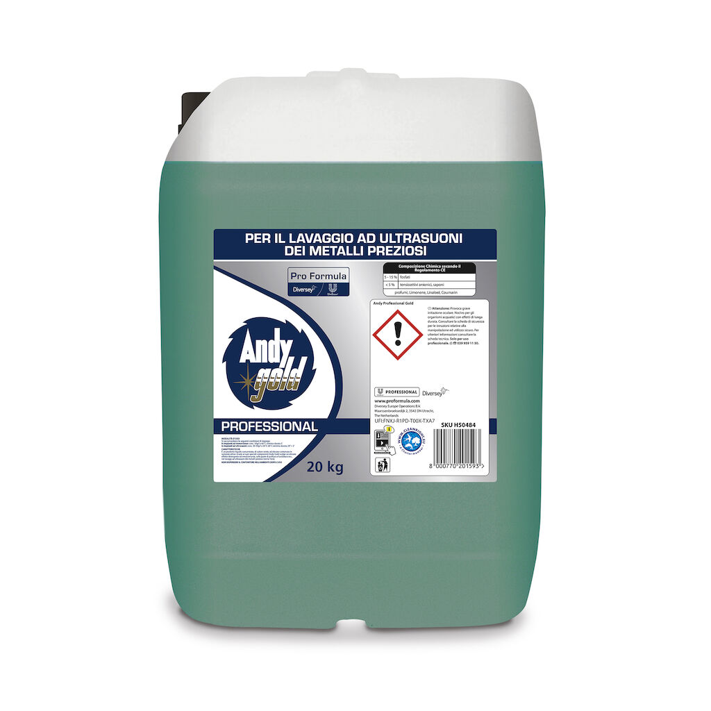 Andy Gold 20kg - Detergente liquido concentrato per il lavaggio ad ultrasuoni dei metalli preziosi