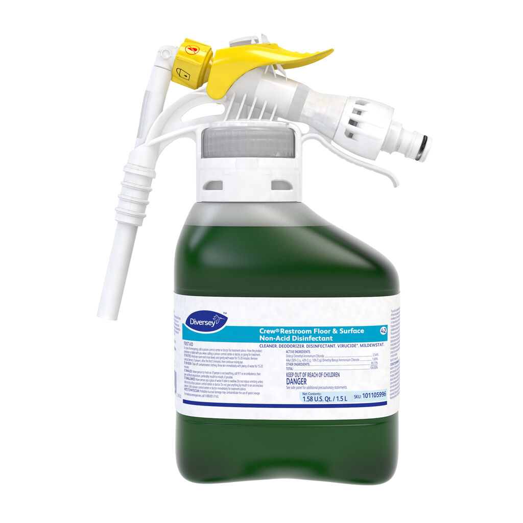 Crew® Restroom Floor & Surface Non-Acid Disinfectant Cleaner, 1.5L, 2/CT - CLEANER. DEODORIZER. DISINFECTANT. *VIRUCIDE. MILDEWSTAT.
