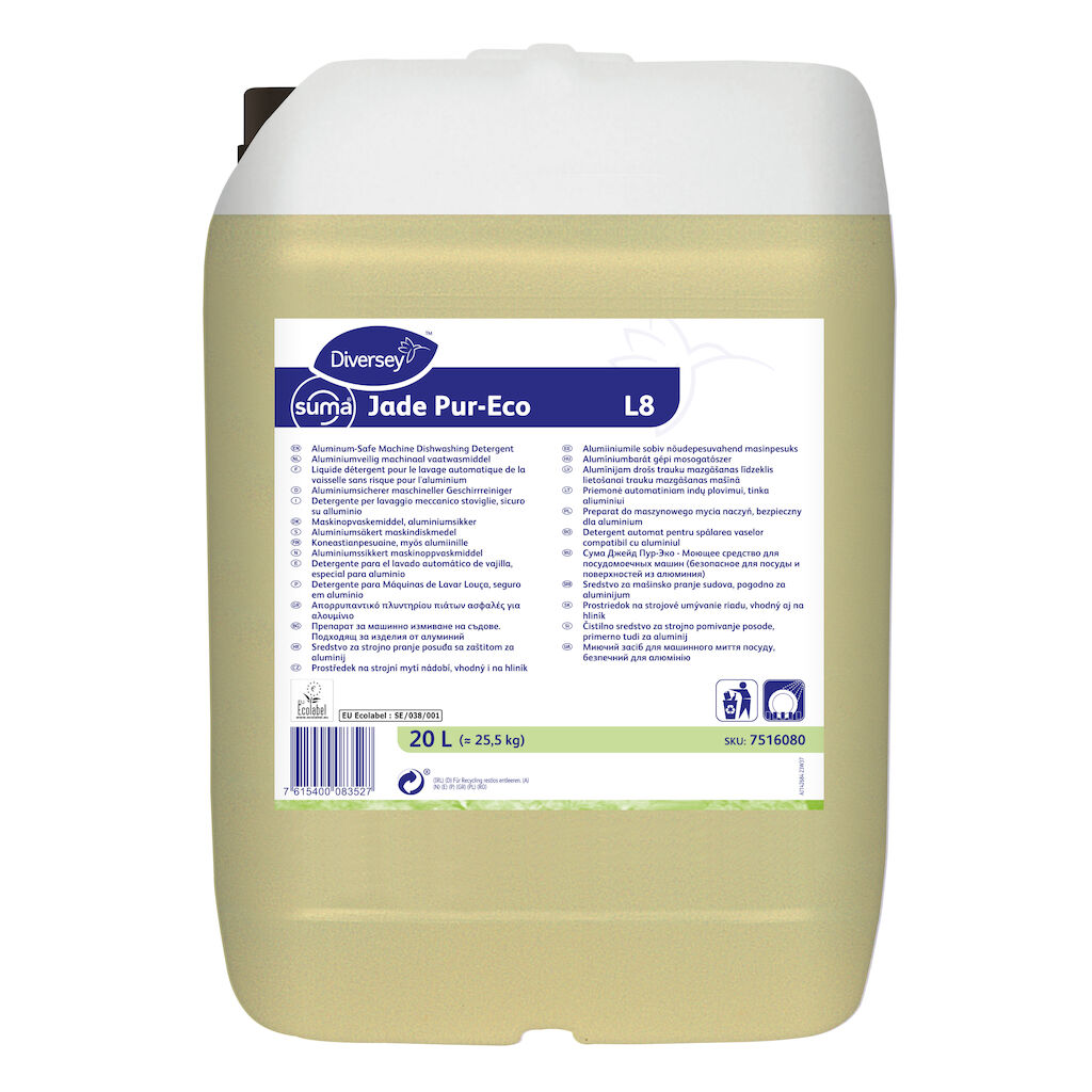 Suma Jade Pur-Eco L8 20L - Detergente liquido ecologico per lavaggio meccanico stoviglie per acque da medio a dure, sicuro su alluminio.