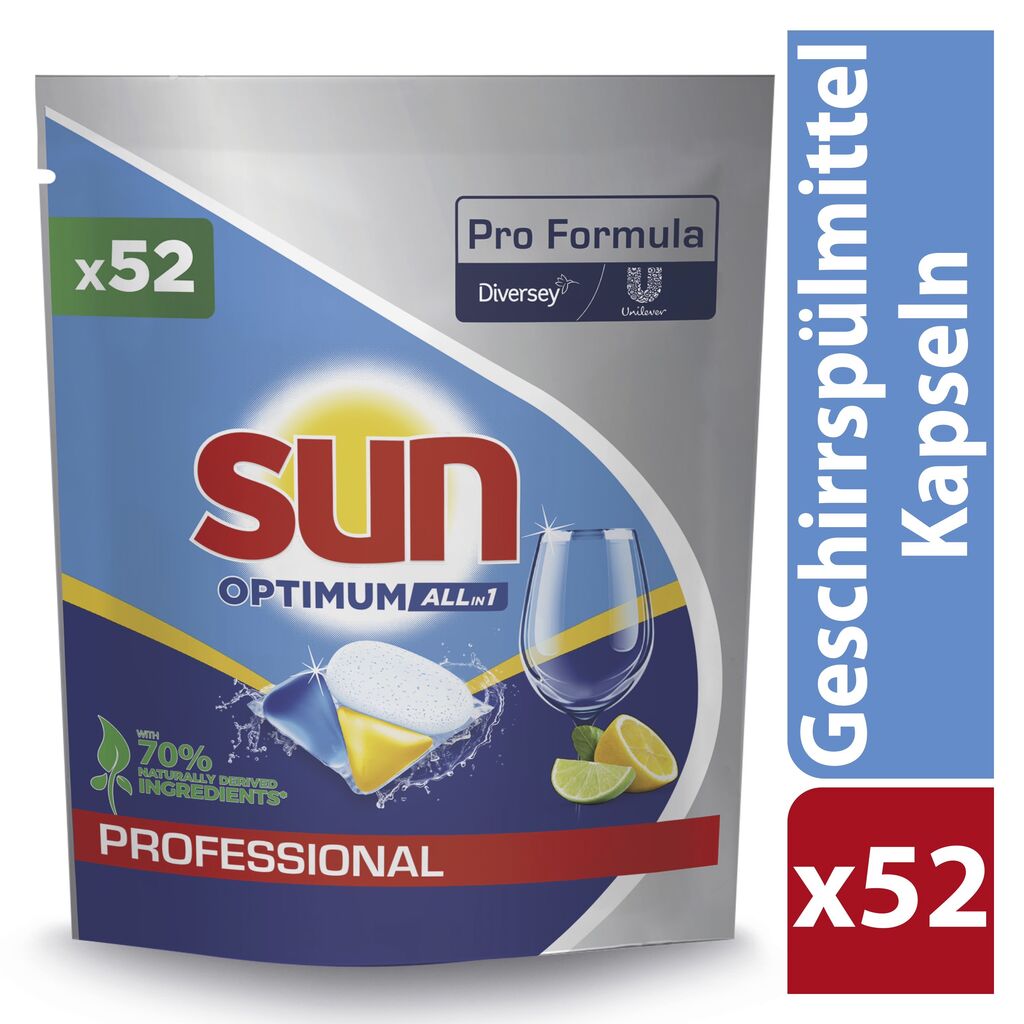 Sun Professional Optimum All in 1 4x52Stk. - Spülmaschinenkapseln All in 1, mit Klarspüler und Salz, geeignet für Haushalts- und Gewerbegeschirrspüler mit 1-5 Minuten Spülzeit.