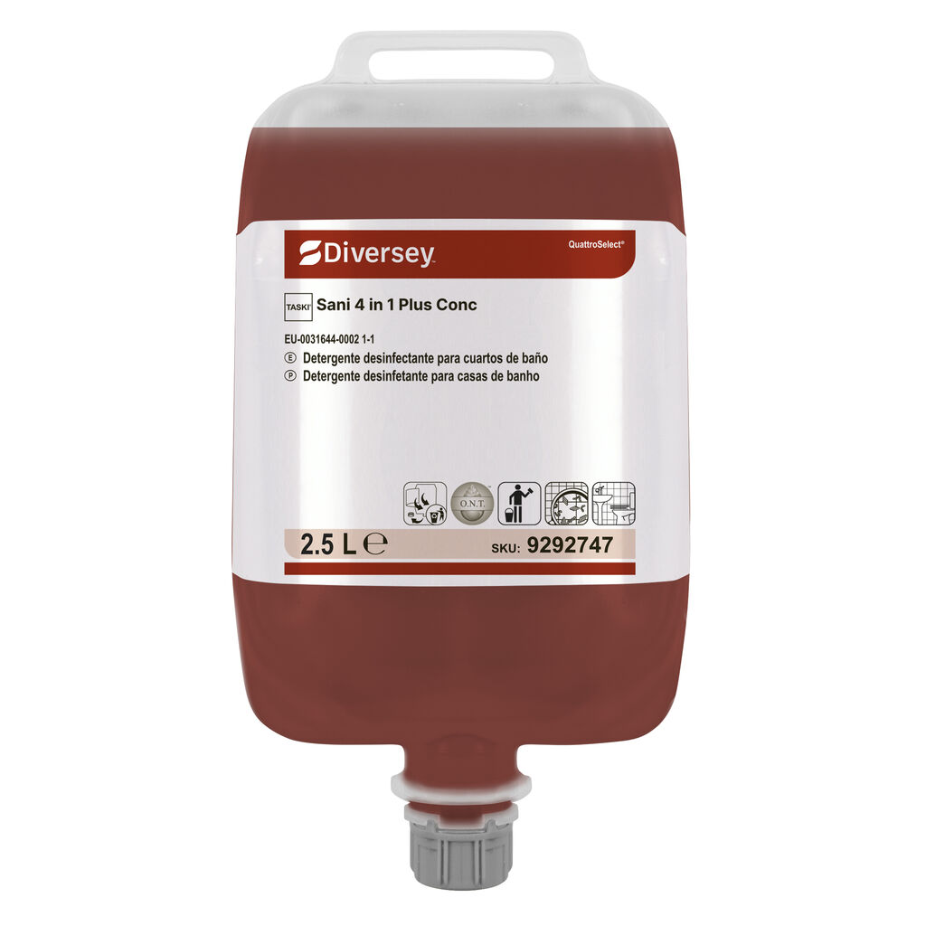 TASKI Sani 4 in 1 Plus Conc 2x2.5L - Detergente para limpeza, desincrustação, desinfeção e desodorização de casas de banho em QuattroSelect® - Aprovado pelo BPR
