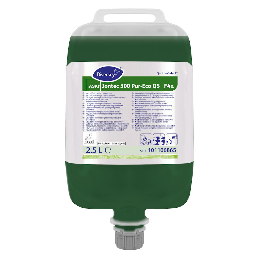 TASKI Jontec 300 Pur-Eco QS 2x2.5L - Detergente neutro a bassa schiuma per pavimenti in QuattroSelect. Conforme ai requisiti CAM 2021 in ambito civile e sanitario.