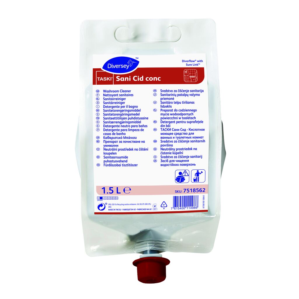 TASKI Sani Cid conc 4x1.5L - Preparat concentrat pentru curățarea grupurilor sanitare, compatibil cu apa dură