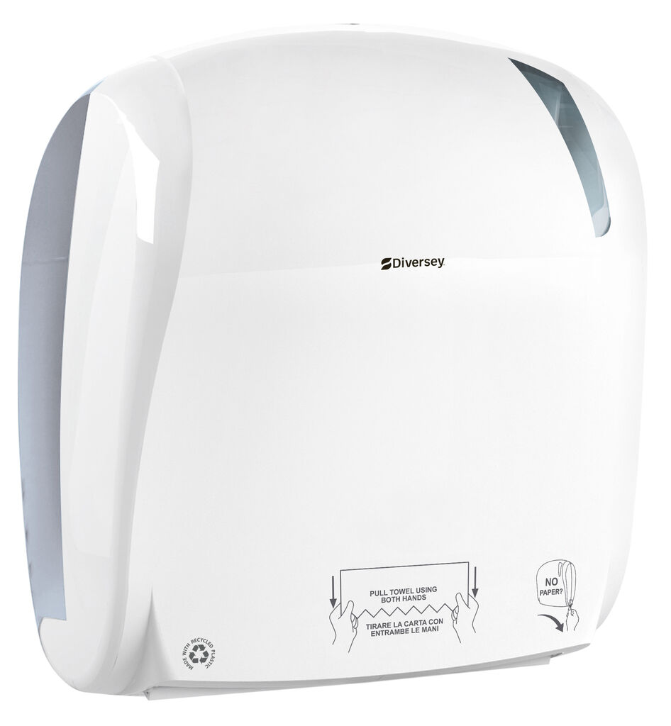 Automatic Cut Towel Paper Dispenser White PCR 1pz - Distributore di rotoli di asciugamani ad alto traffico per ambienti moderni, ora realizzato con materiali PCR